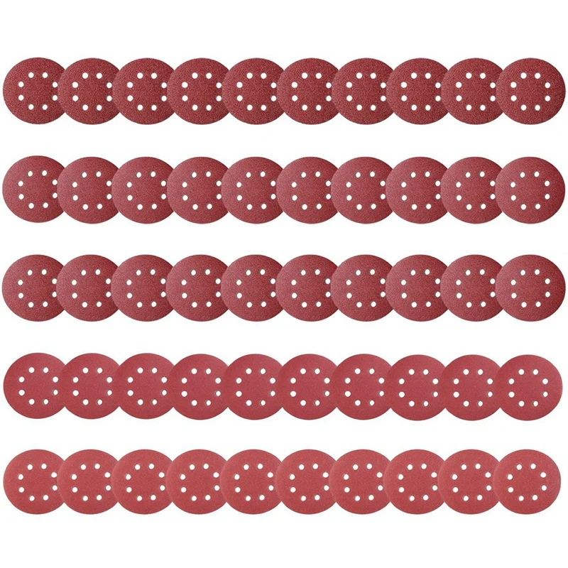 

50Pcs Premium 5 Inches 8-Holes Sanding Discs (125Mm), Power Sander Hook & Loop Discs 5 Gradesfor Random (Red)