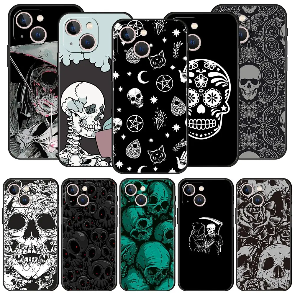

Black and White Skull Graffiti Luxury Phone Case For iPhone 11 12 13 Pro Max Mini X XR XS 7 8 Plus SE 2020 Silicone Black Cover