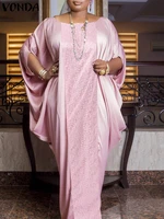 vonda vintage female loose full length kaftan maxi robe women 34 sleeve sundress o neck patchwork maxi dress embroidery vestido