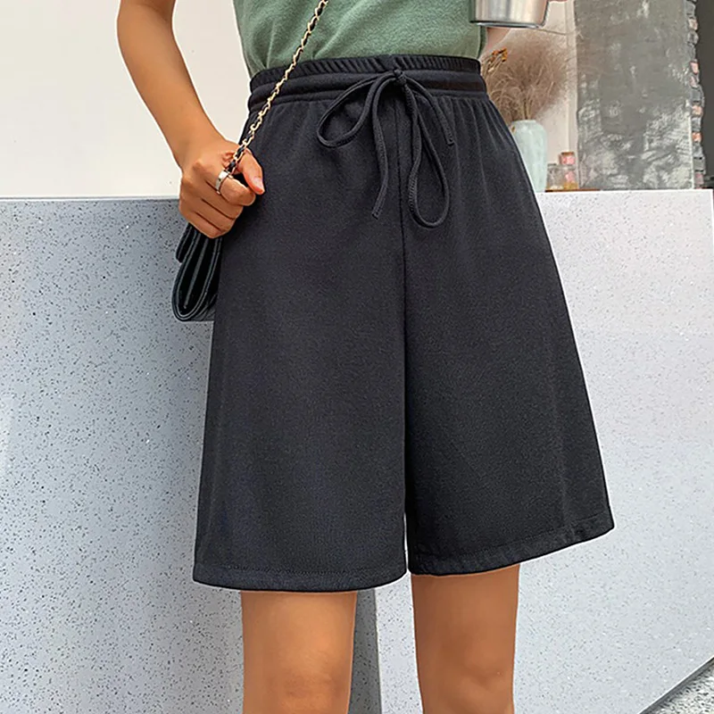 Women Soft High Waist Ice Silk Shorts Wide Leg Elastic Thin Solid Color Casual Loose Cool Summer Fivepoint Straight Outdoor Home