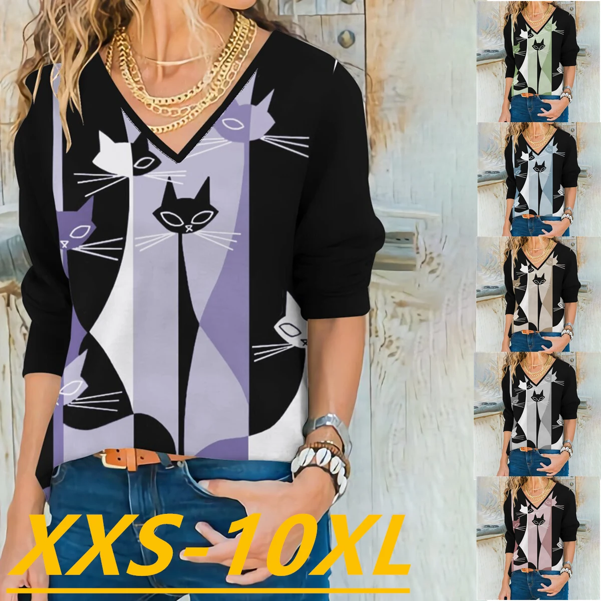 

Snake Yx Women's Fall New Geometry Print Casual V Neck Long Sleeve Top Size XXS - 10XL