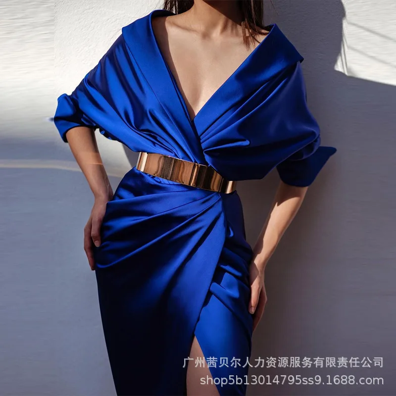 

Женское сексуальное атласное вечернее платье Mandylandy, модное женское платье Y2K с V-образным вырезом и отложным воротником, корсет с высокой та...