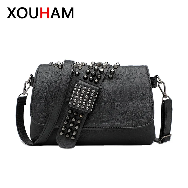 

XOUHAM Messenger Bags for Women PU Single Skull Rivet Shoulder Handbags Sac A Main Bolsa Black Vintage Sexy Bag Lady Drop Chain