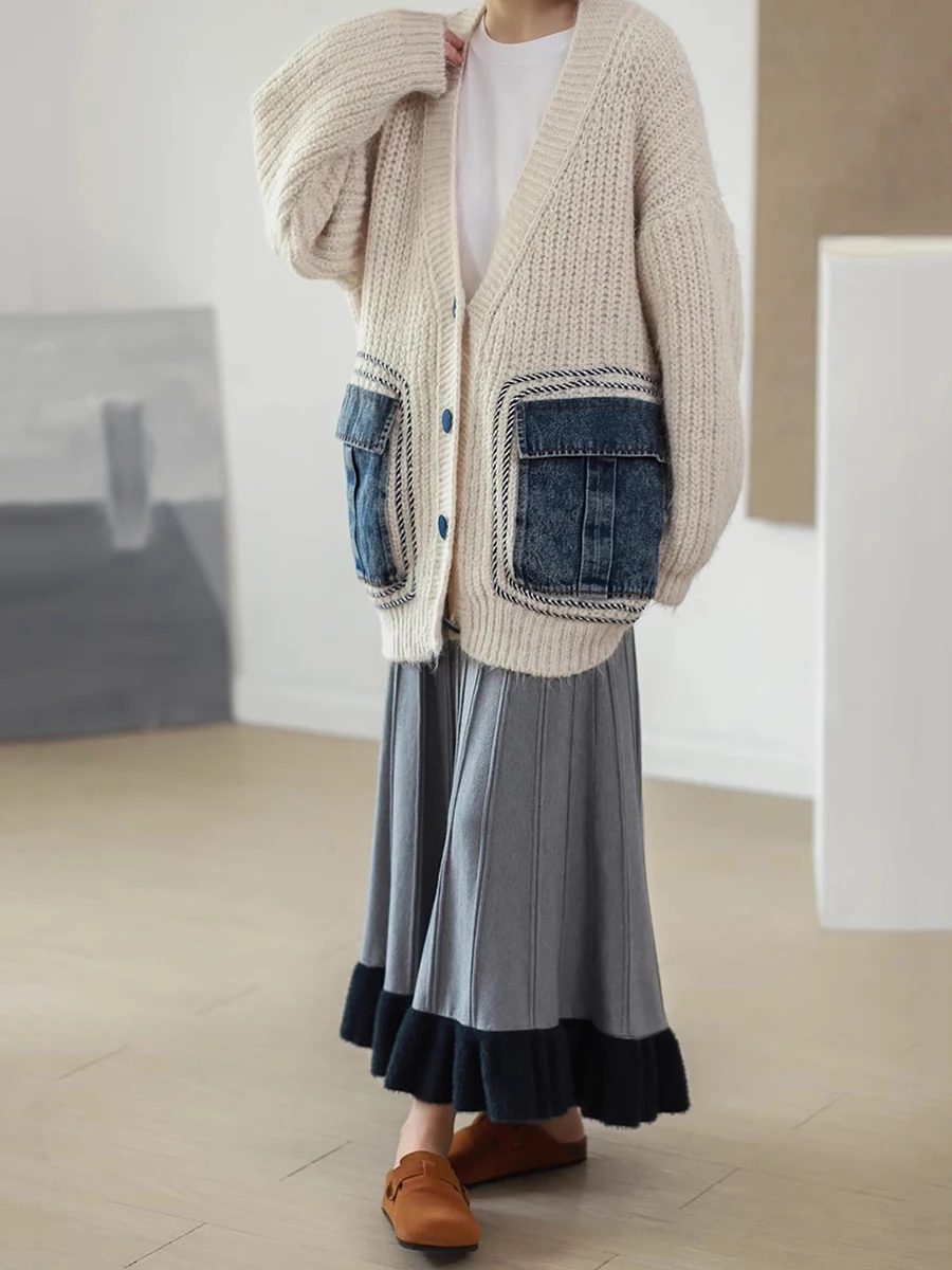 Женский трикотажный кардиган с V-образным вырезом карманами