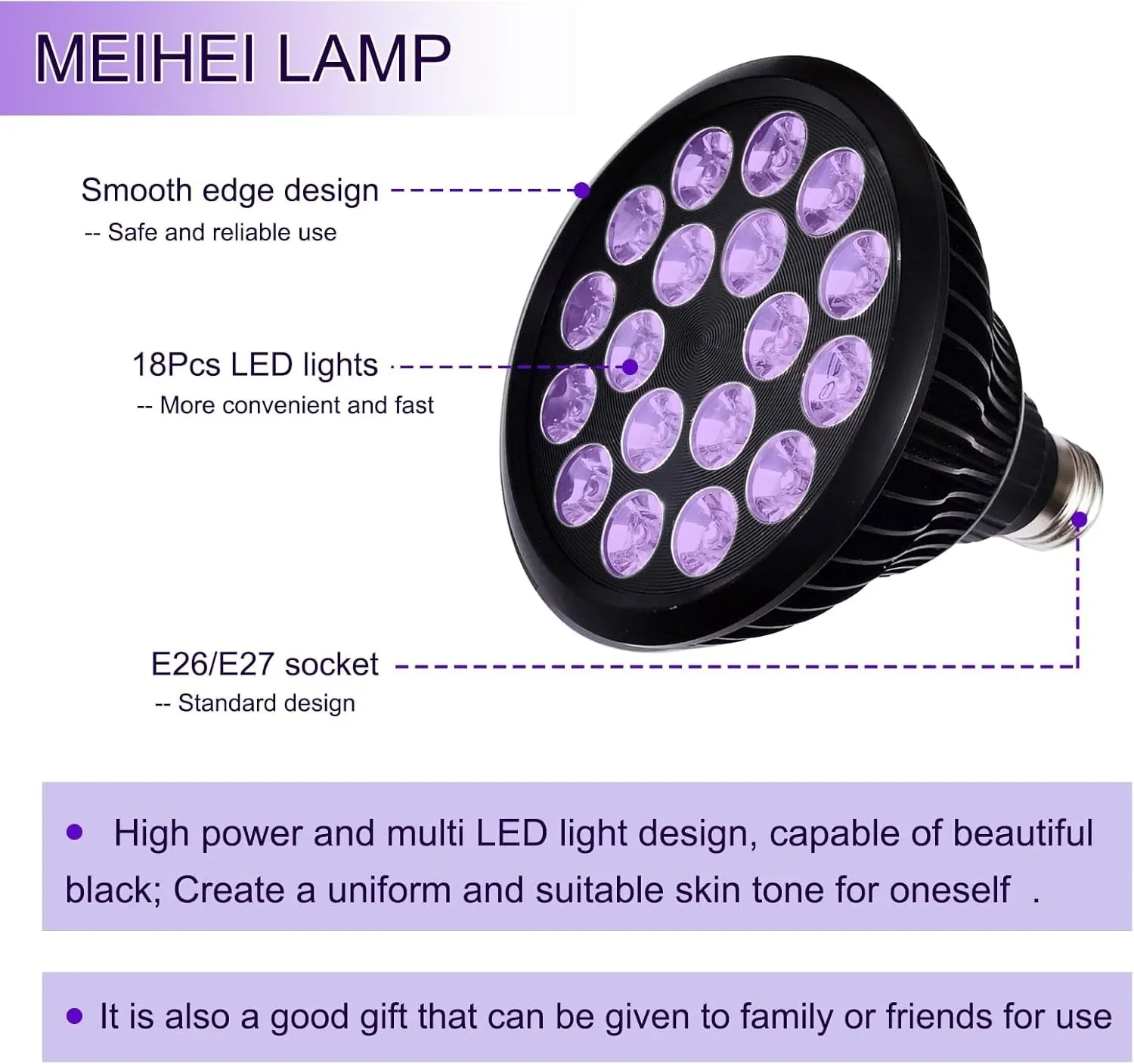 54W UV Tanning Lamp 18PCS LEDS Thearpy Light for Body Home Use with 300 °Rotating Adjustable Stand Clip Purple Lights Indoor