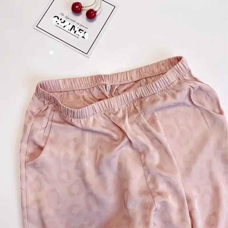 QWEEK Silk Pajamas Leopard Women's Suit Autumn Set Woman 2 Pieces Sleepwear Nightwear Pijama Gift Female Pyjamas Pink Loungwear