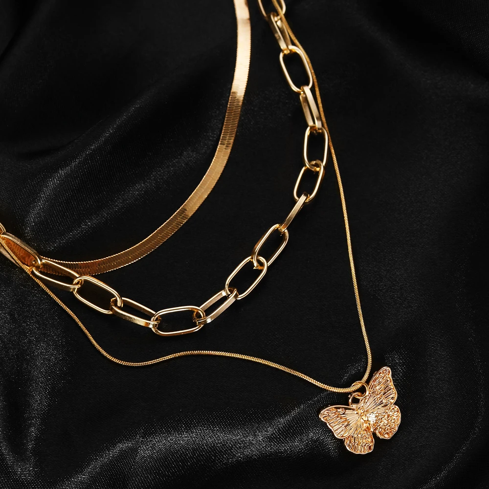 Женское Многослойное Ожерелье Золотого Цвета В Стиле Панк С Подвеской-бабочкой