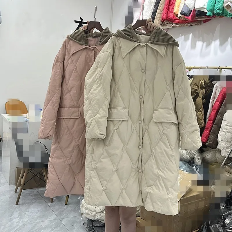 

Winter Fashion Women's Korean Style Classic Down Knitted Hooded Coats Female Rhombus Pattern Long Warm Casual Versatile Jackets