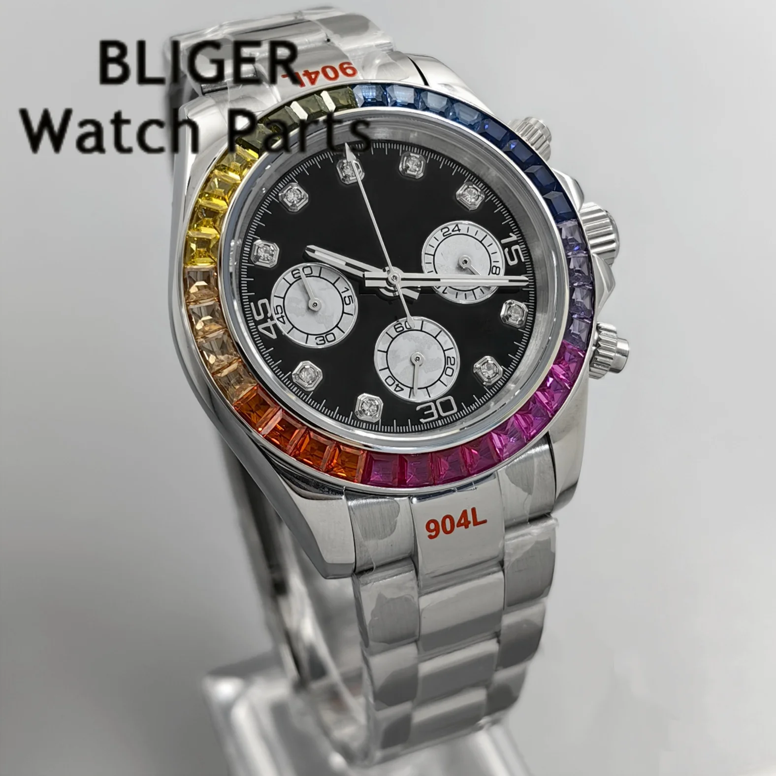 Фото Мужские часы BLIGER Black Panda с черным циферблатом, разноцветным безелем, хронографом VK63A, кварцевым механизмом, секундной стрелкой, сапфировым стеклом и резиновым ремешком. №5