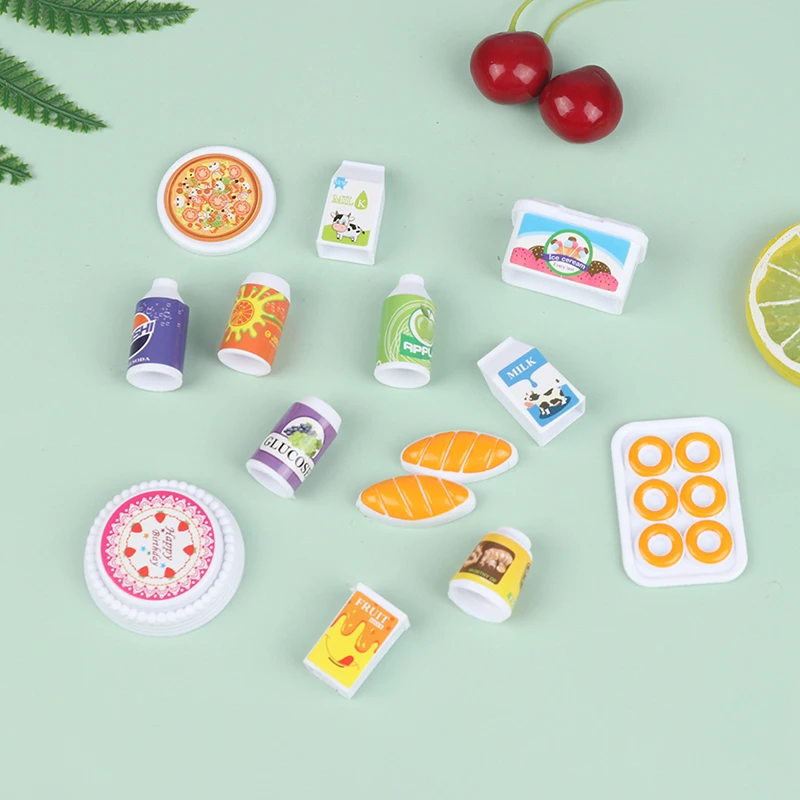 

13Pcs/set Beverage Milk Drink tableware Bread Pizza Model Doll House Kitchen Foods Accessories Kids Pretend Play Toys