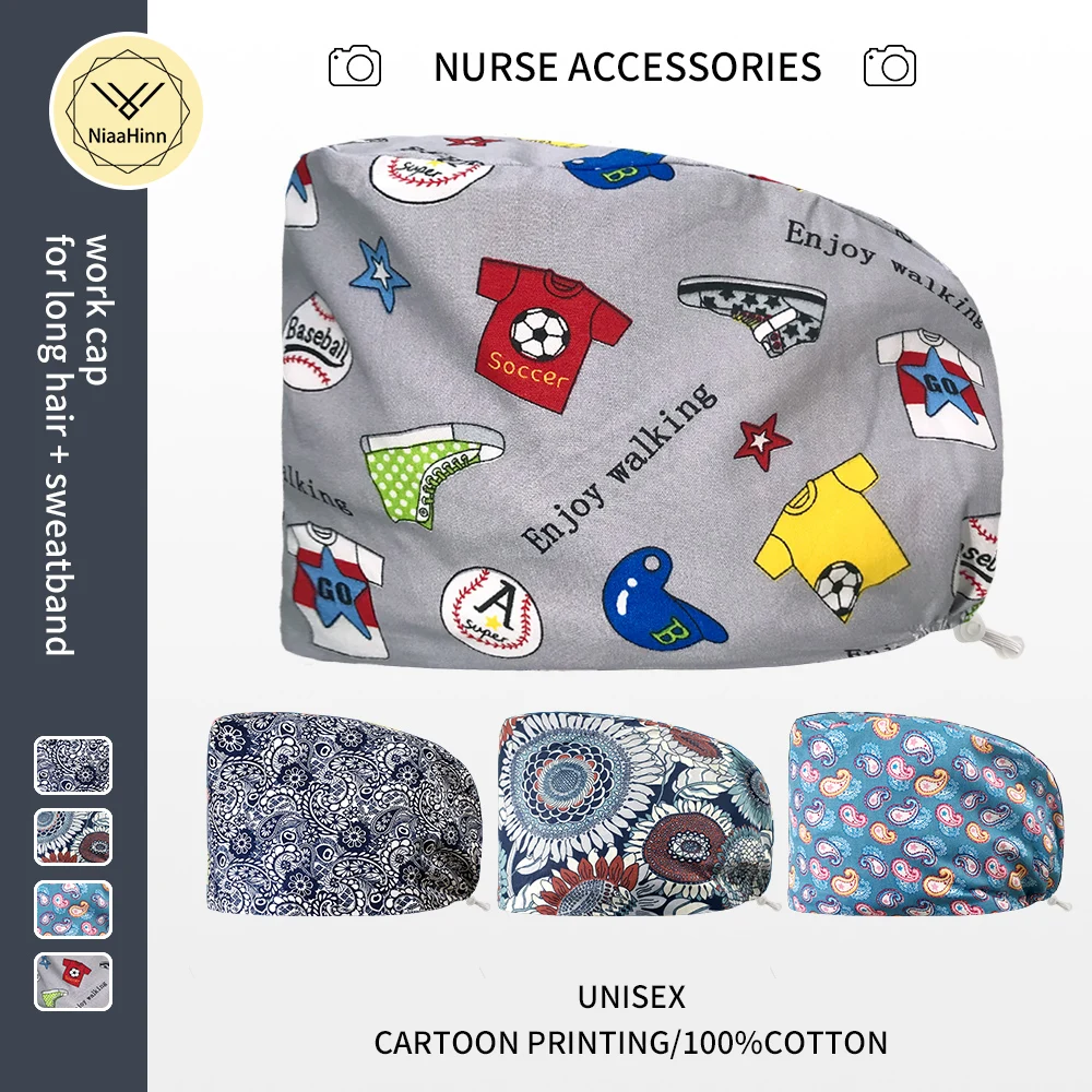 

Cute Cartoon Print Nurse Cap Women Surgical Cap Pet Hospital Surgeon Dentist Cap Beauty Salon Chef Work Hat Breathable Scrub Hat