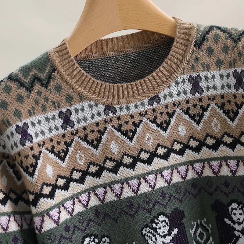 [Yi] Свободный свитер из хлопковой шерсти в стиле ретро с круглым вырезом 2024