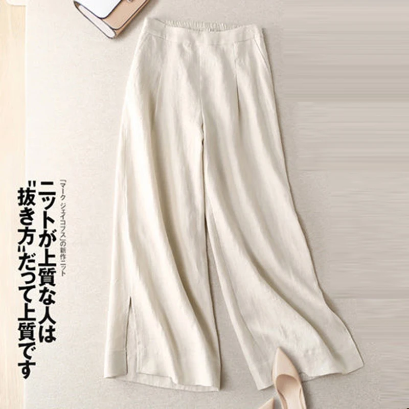 

Spring Summer Arts Style Women Elastic Waist Ankle-length Loose Pants 100% Linen Vintage Casual Wide Leg Pants Plus Size S971