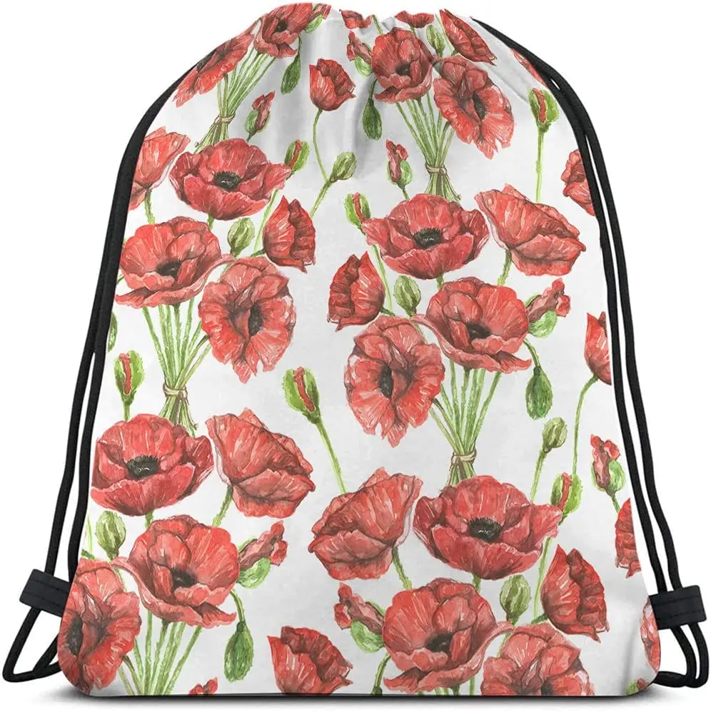 

Red Poppies Drawstring Bags Backpack Bag Watercolor Spring Flowers Buds Bouquet Blossom Botanical Branch Sport Gym