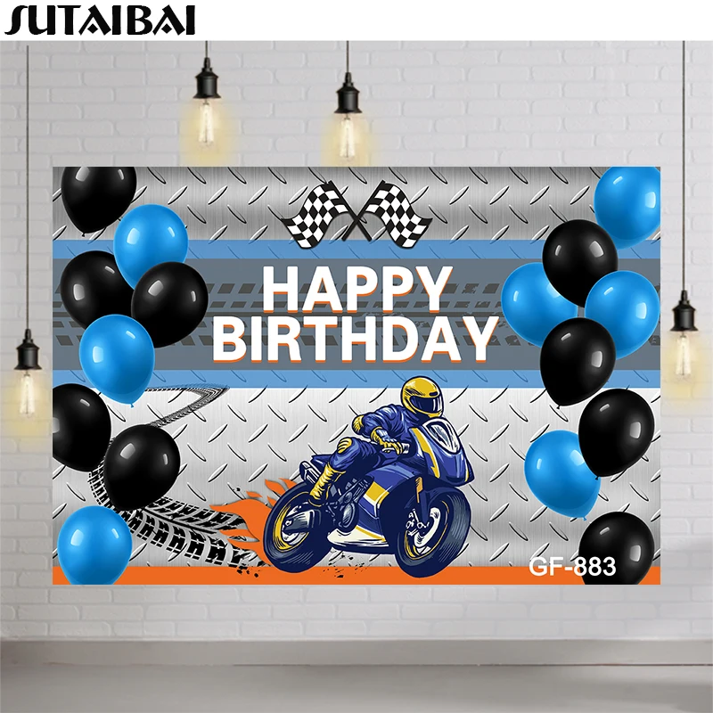 

Motocross Birthday Party Backdrop for Boys Black Blue Balloons Decoration Motorcycle Dirt Bike Baby Shower Banner Background
