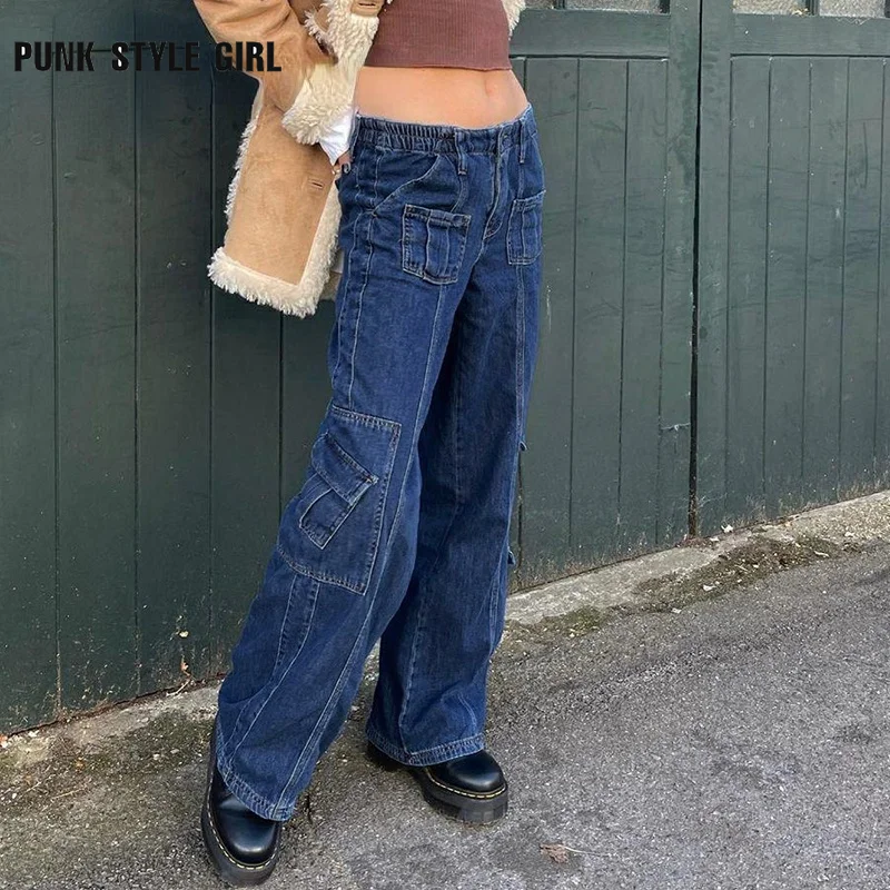 

Y2k Pockets Cargo Jeans Women Straight Vintage Casual Elastic Blue Trousers Alt Colthes E Girl Low Waist Baggy Trousers 90s Mom