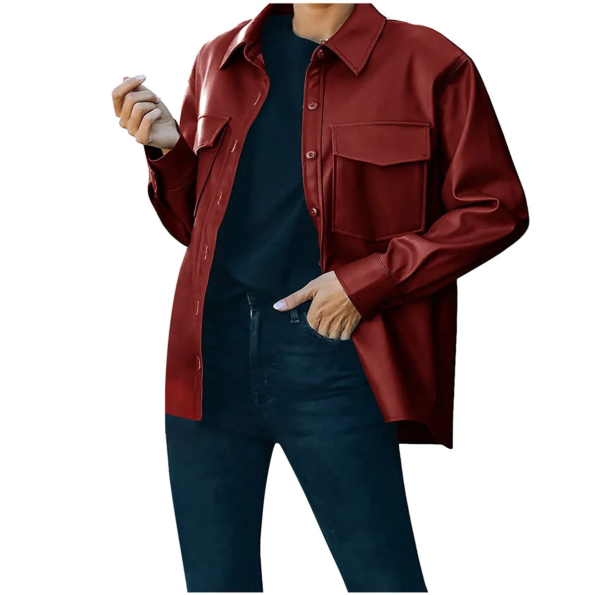 

PU Leather Jacket For Woman Designer Coat Long Sleeved Suit Jacket Fashion Solid Lapel Single Breasted Women Streetwear Overcoat