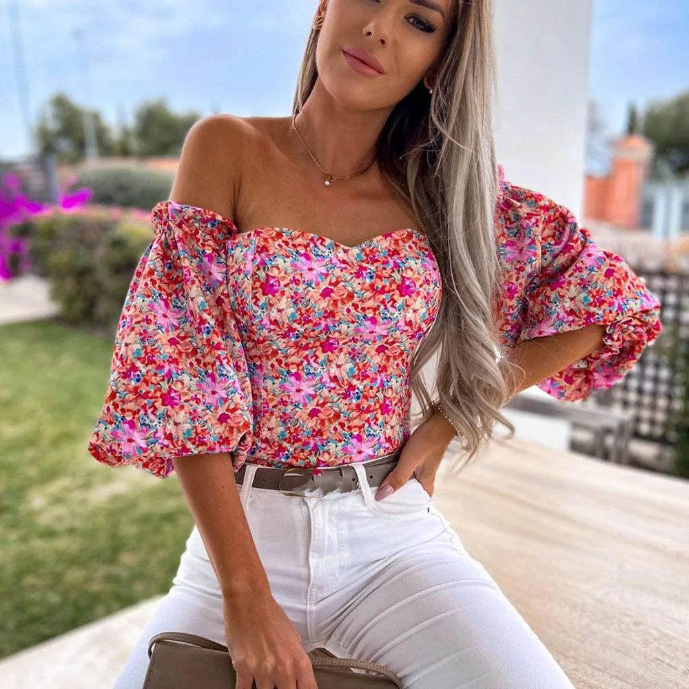 

Women Sexy Blouses Off Shoulder Floral Top 2022 Boho Casual Backless Vintage Blouse Female Holiday Tops Ladies Summer Clothing
