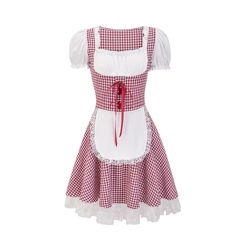 

Beer Festival Costume Maid Cosplay red Dress Carnival Party checkboard Fairy Dress for Girl maid dress