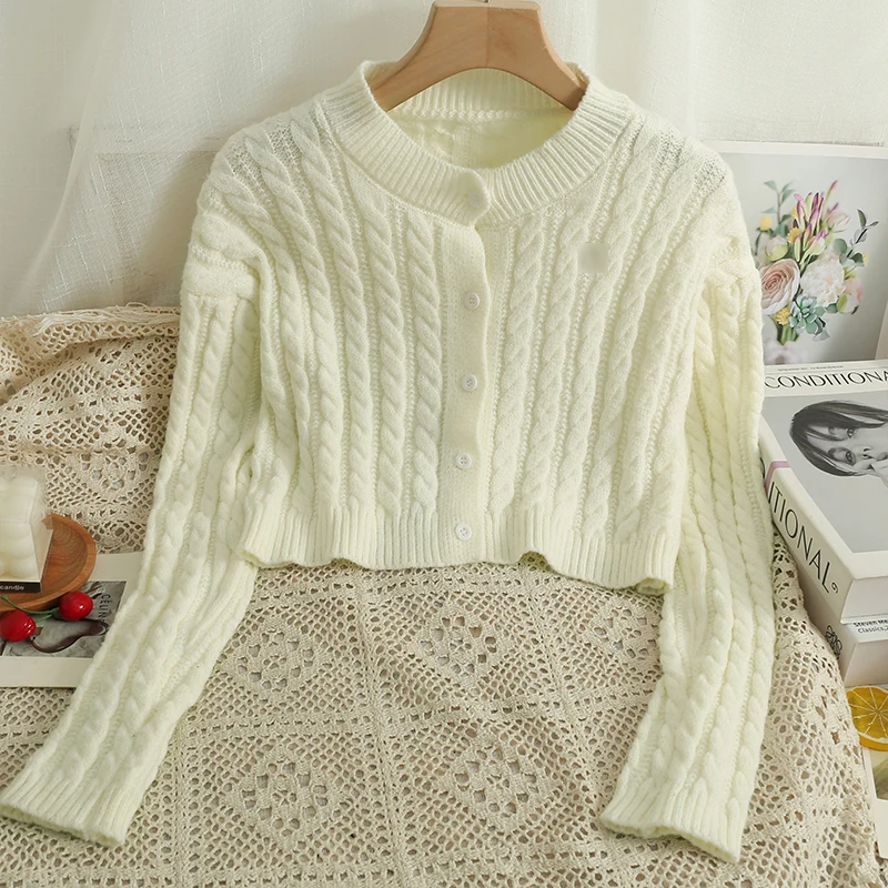 

Knitted Vintage Solid Colours Femme Cardigans Autumn Winter Long Sleeve O-Neck Sweaters Crop Tops Korean Fashion Woman Cardigan