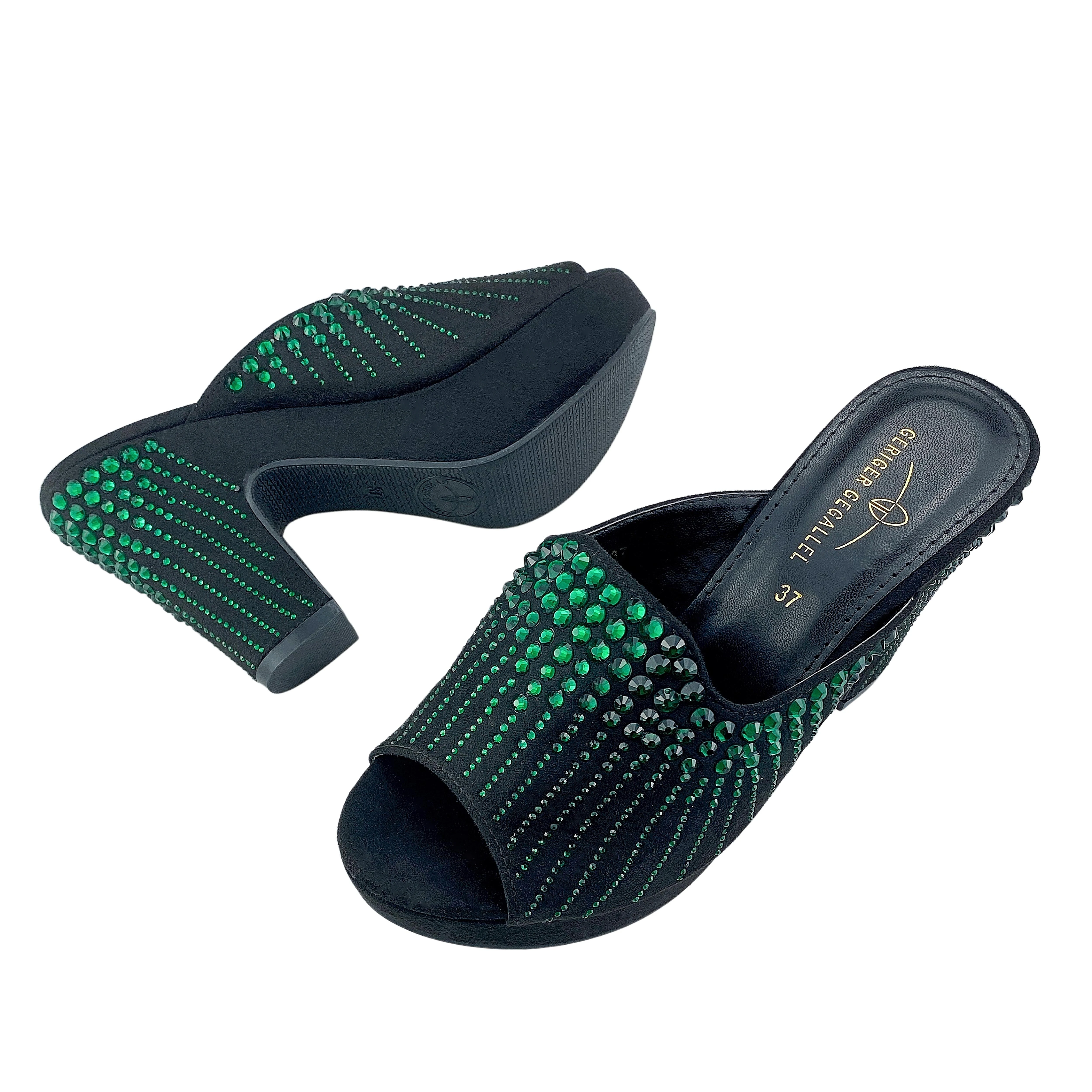 Green Rhinestone Women's Pumps Chunky Sandals Open Toe Slip on High Heels 3cm Platform Plus Size 41 42 NEW Designer Sandal Lady