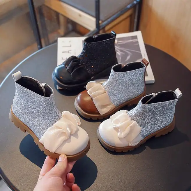 

Girl's Fashion Boots Chunky Big Bowtie Elegant Cute Children Short Snow Boot Patent Leather Autumn 23-36 Ship-on Kids Shoes