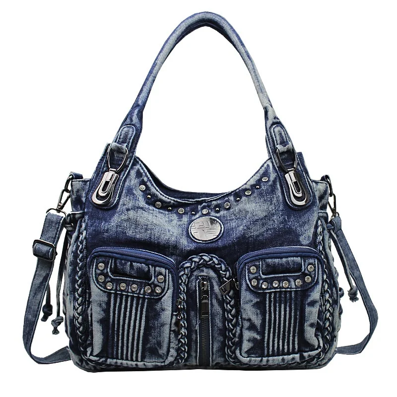 

New in Retro Denim Women Shoulder Bag Rivet Weave Jeans Handbag Large Capacity Casual Tote Bag Hobo Bag