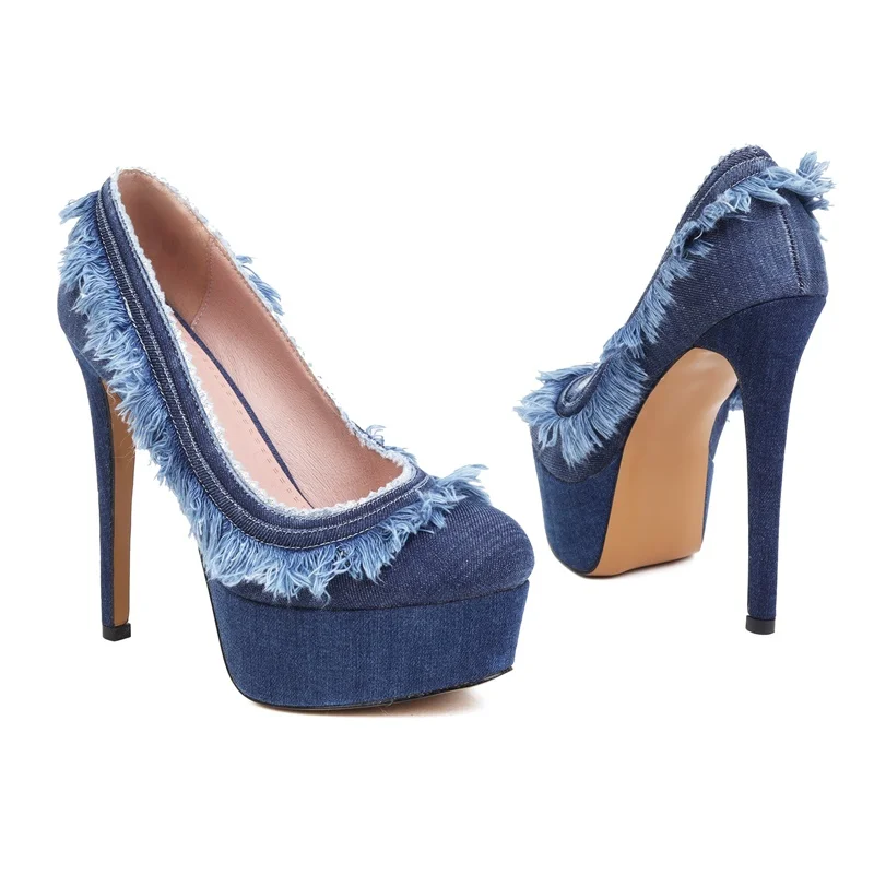 big size thin high heels designer shoes fashion denim women pumps sexy lady round toe women heels party OL shoes woman blue shoe