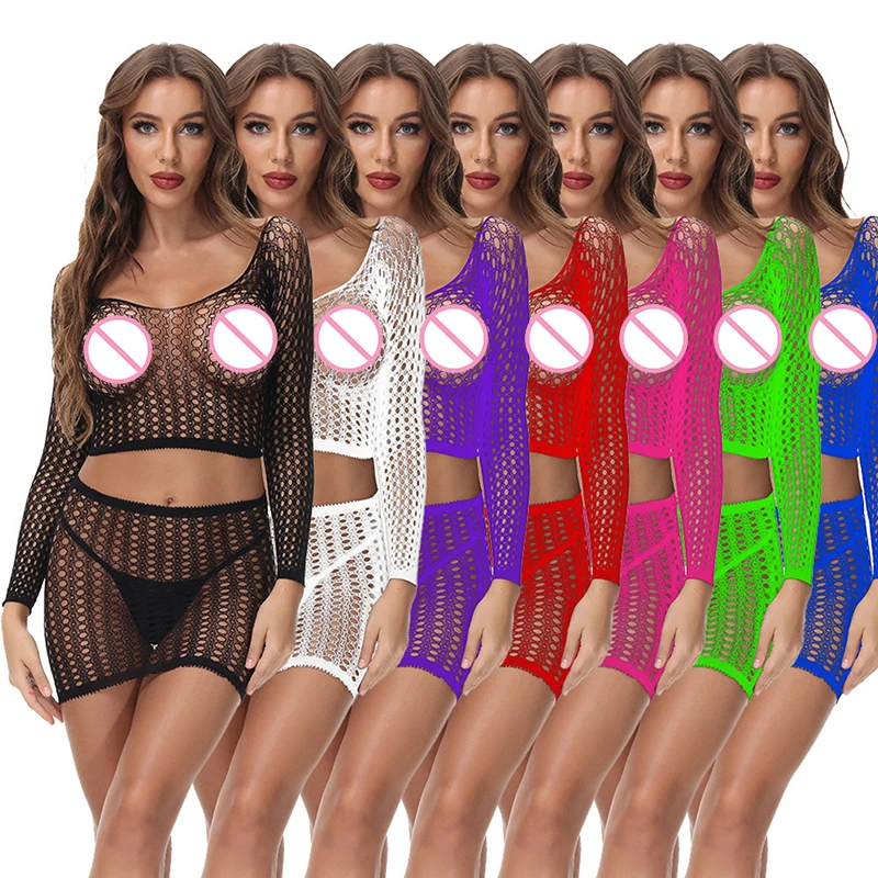 

Sexy Women Lingerie Translucent Long Sleeve ​Fishing Net Skirt Bodysuits Costumes Teddies Dress For Valentine's Da