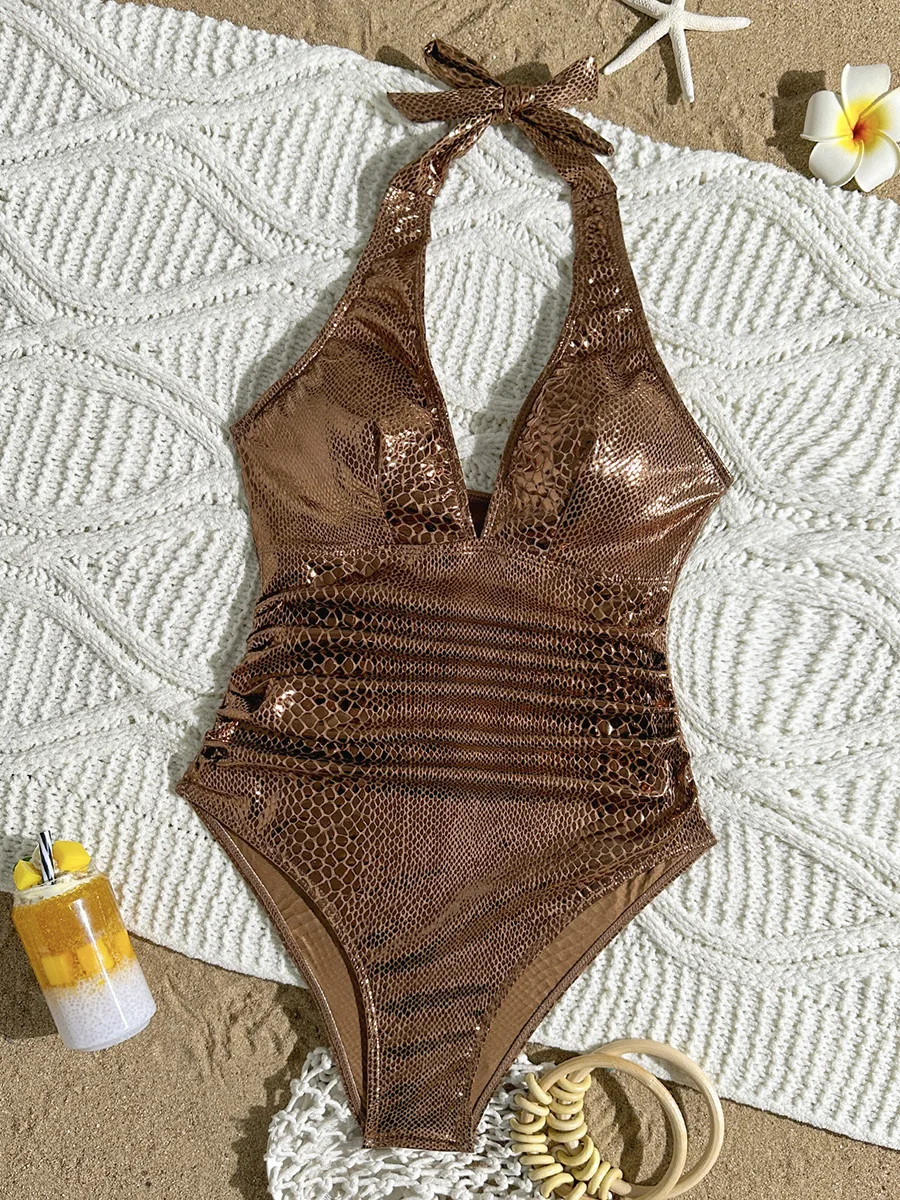 Фото Женский слитный купальник-монокини SnakeSkin с V-образным вырезом, открытой спиной и высокой талией, пляжный боди №1