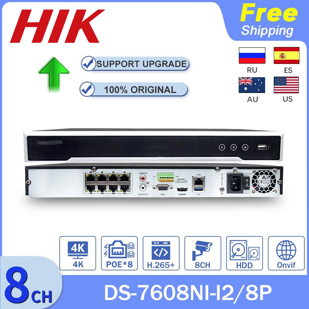 

Оригинальный Сетевой видеорегистратор HIK 4K NVR, 8 Canais DS-7608NI-I2/8P, сетевой видеорегистратор 8PoE NVR, система безопасности 2SATA H.265 Plug & Play