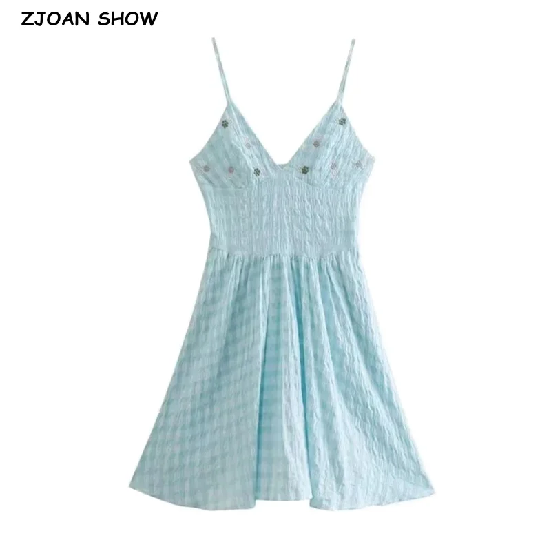 

2023 Women Retro Light Blue White Plaid Sling Dress Embroidery Flower V neck Mini Robe Low Back Female Summer Short Vestido