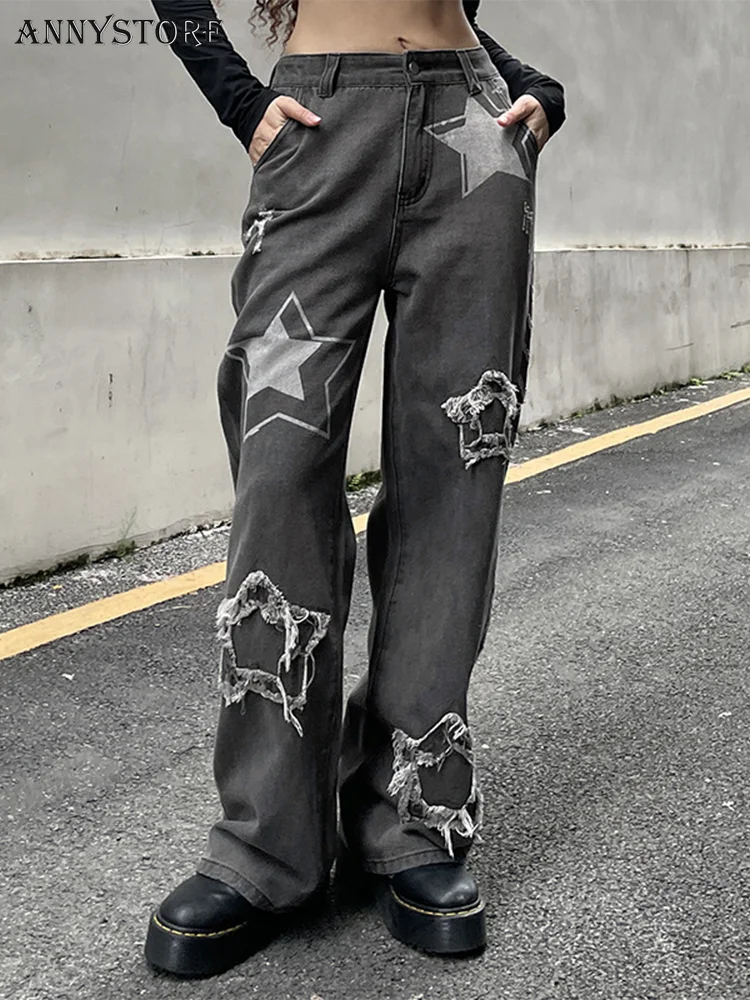 

Annystore 2022 готические мешковатые джинсы со звездным принтом Y2K брюки синие винтажные повседневные Широкие джинсовые эстетические женские чер...