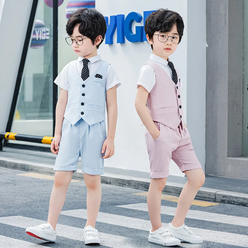 

2022 Summer Baby Boy School Uniform Vest Shorts Children Piano Clothes Formal Toddler Kids Party Costumes Gentelman Suits