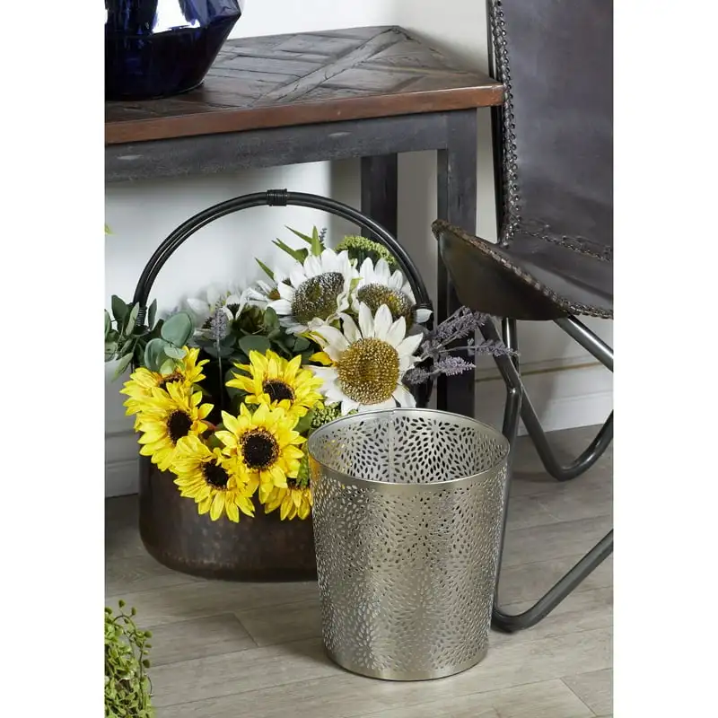 

x 10" Silver Metal Small Waste Bin with Laser Carved Floral Design, 1-Piece