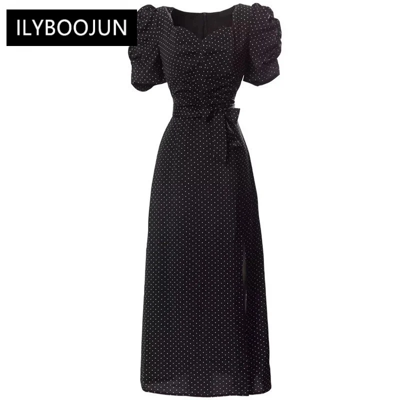 

Dress For Women 2023 Runway Luxury Brand Elegant summer Square Collar Puff Short Sleeve Polka Dots Package Buttocks Slit Dresses