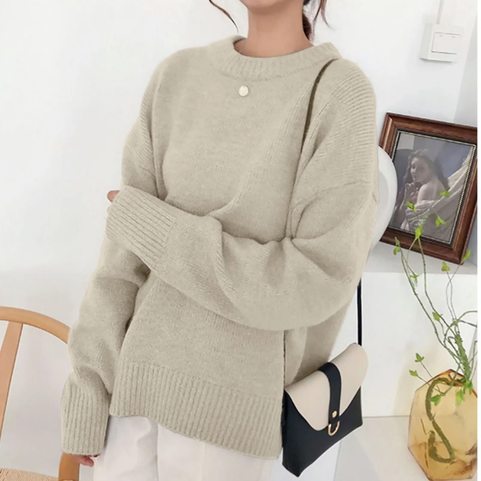 

Women's Long Sleeve Fashionable Solid Color Round Neck Pullover Sweater Vintage Loose Casual Knitwear Mens Warm Hoodie