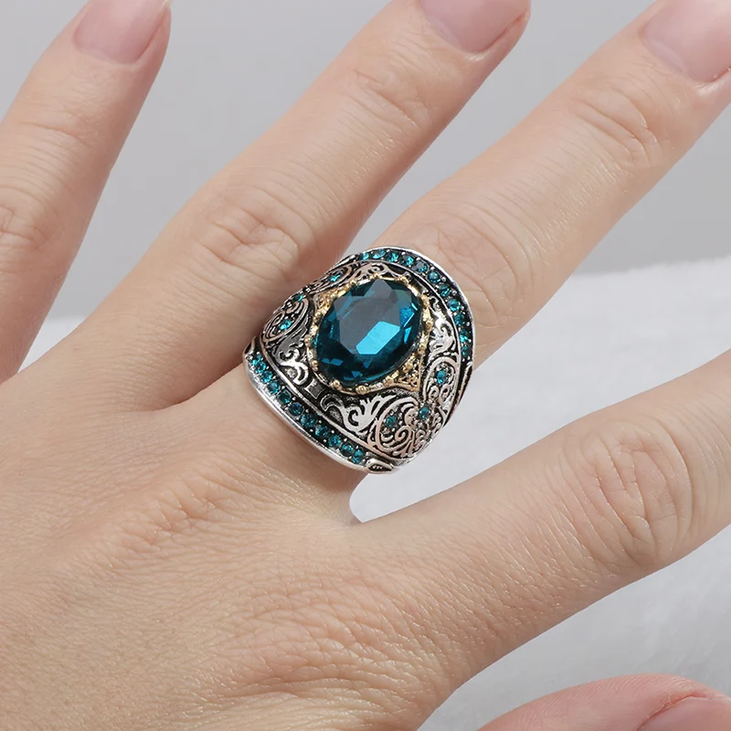 

European and American Style Party Jewelry Aquamarine Women's Ring Huge Oval Gem Hyperbola Design Size 6-10 Women's Gift