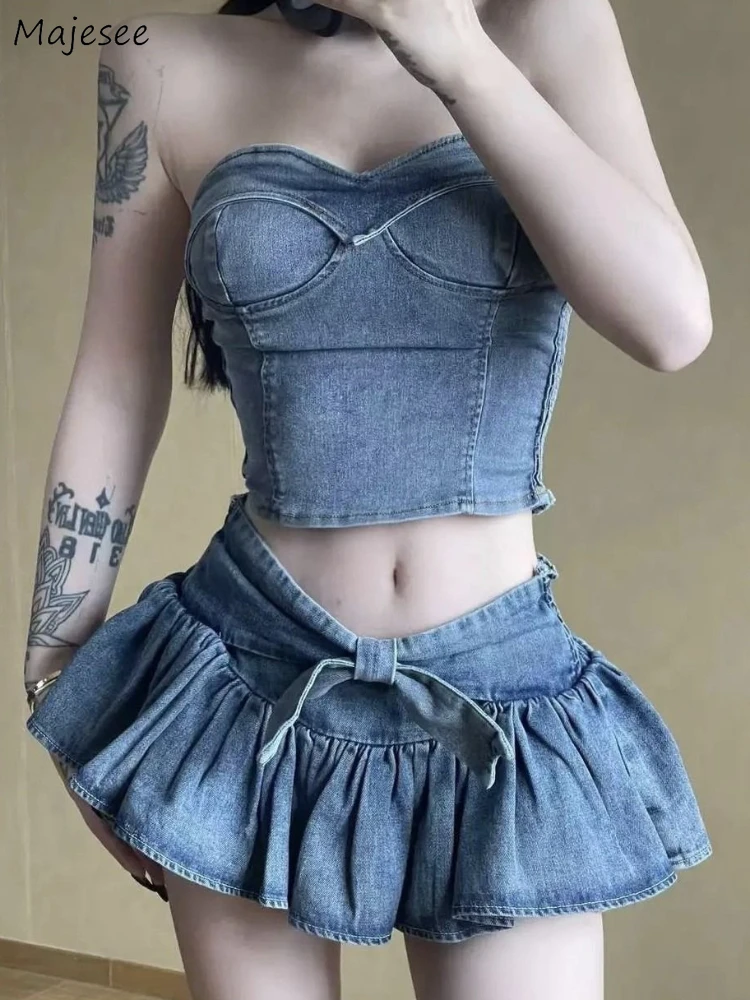 

Denim Blue Sets Women Strapless Washed Slim Tanks Bow Designed Chic Mini Skirts Sexy Clubwear Summer Outfits Aesthetic Ruffles