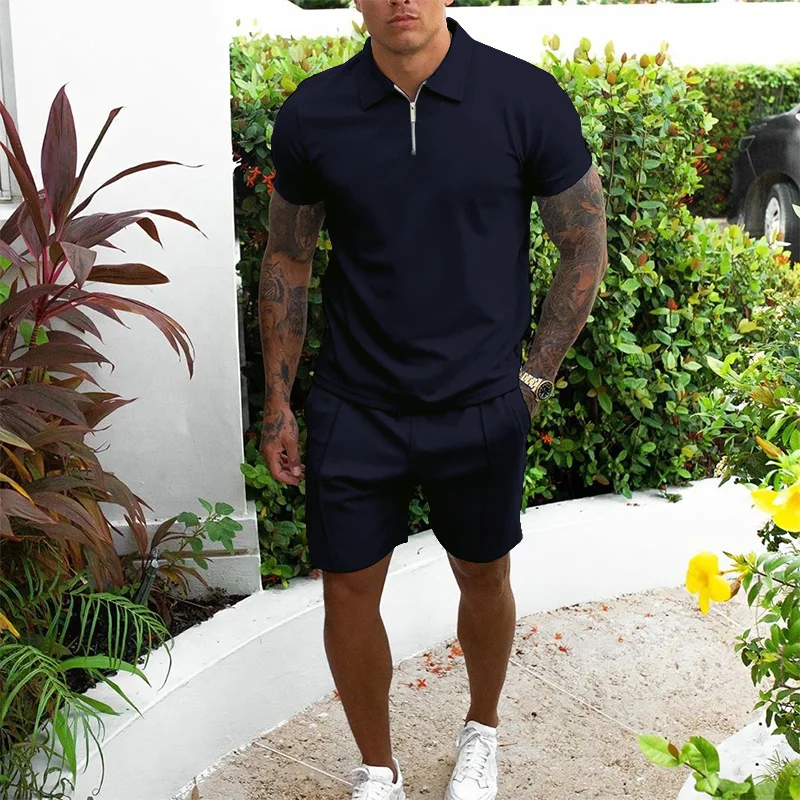 2023 Casual Men's POLO Shirt Suit Summer Solid Color Lapel Zipper POLO Shirt Short Sleeve Shorts 2-Piece Suit for Sports