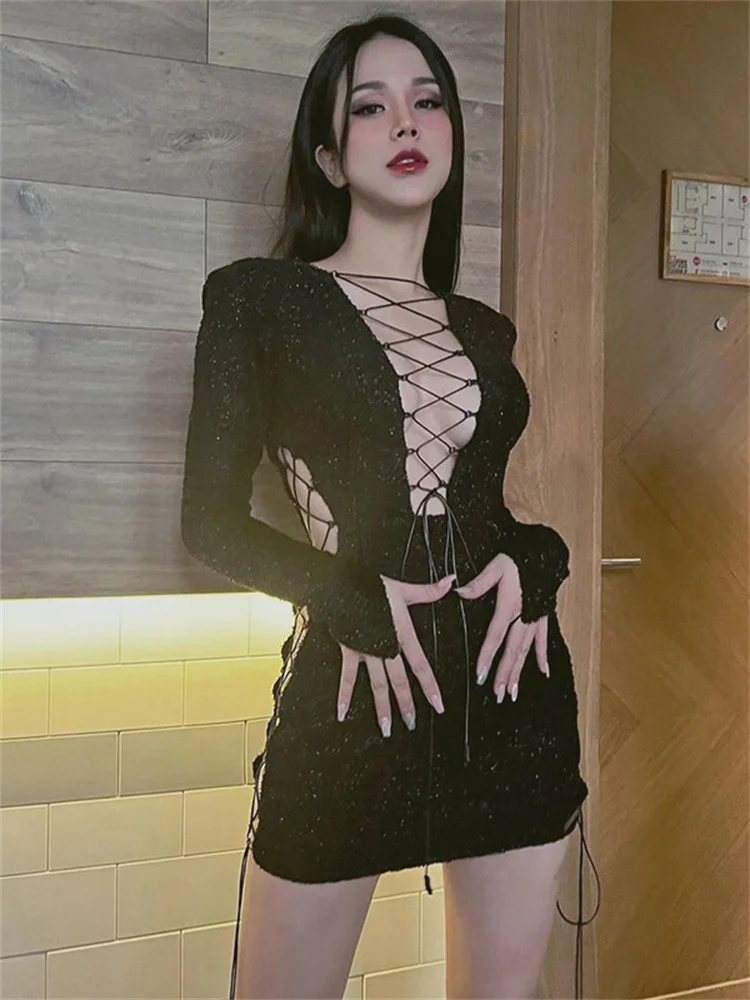 

Женское винтажное платье в стиле Харадзюку, готическое Привлекательное платье-мини с длинными рукавами и V-образным вырезом, сетчатая юбка ...