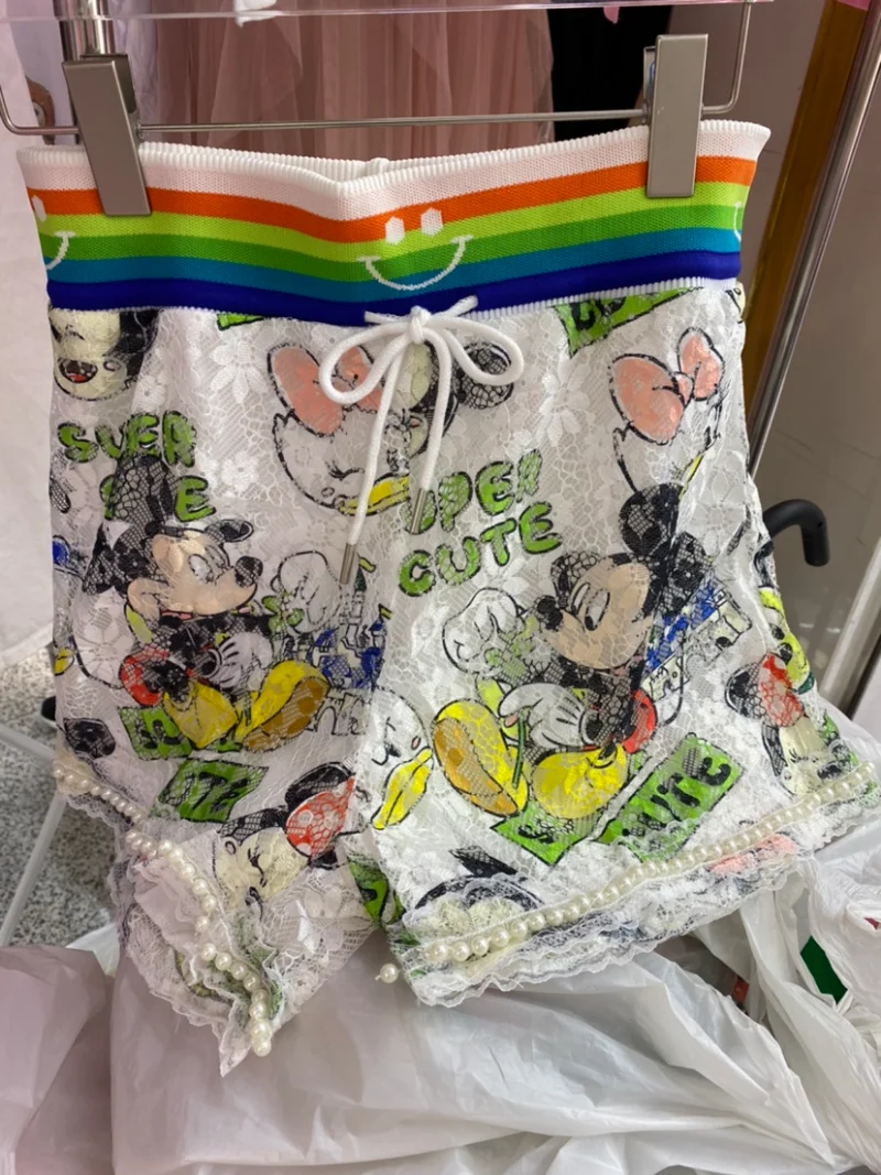 Cartoon Printed Elastic Waistband Lace-up Lace Shorts For Women European Goods 2023 Summer New Loose Oversize Hot Pants Fashion