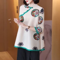 miyake pleated chinese style retro improved t shirt printed young mom spring new loose 34 sleeve top 2022 graphic t shirts y2k