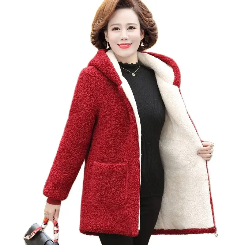 

Mother Winter Wom coat fur tendy warm jacket winter women hooded coats zipper pocket red autumn outwear loose waist long tops
