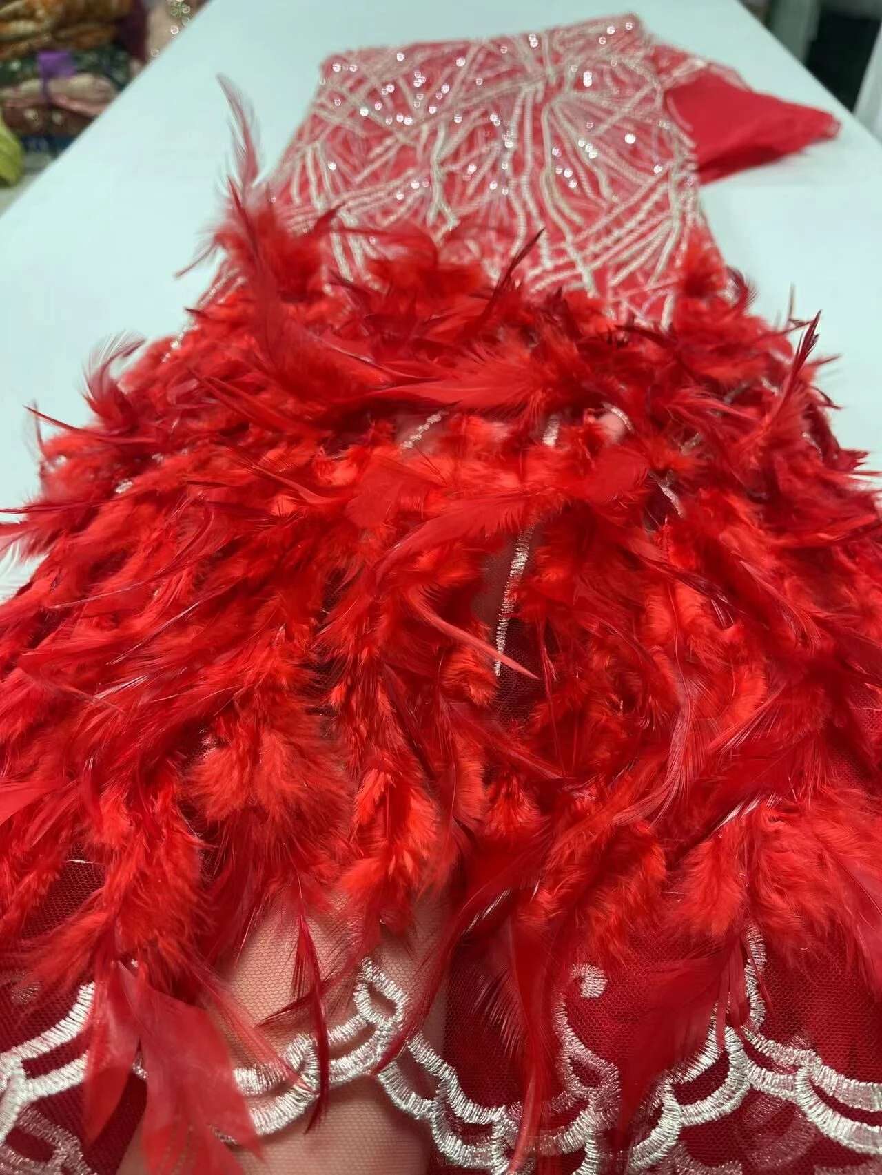 

Luxury New African Materials 2023 Latest Beaded Red Feather Lace Embroidery Sequins Wedding Dress For Women Mesh Fabric 5yards