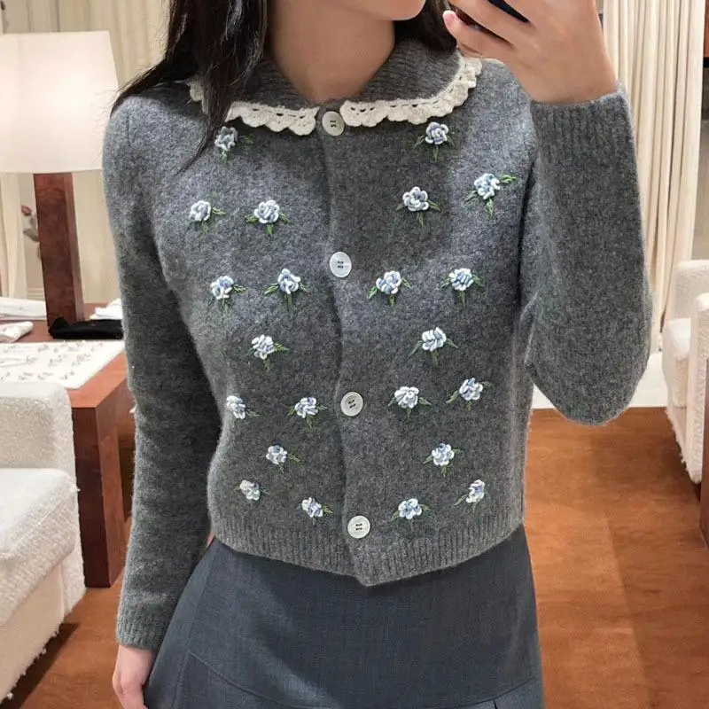 Подиумный шерстяной вязаный синий кардиган с 3D цветочной вышивкой свитер