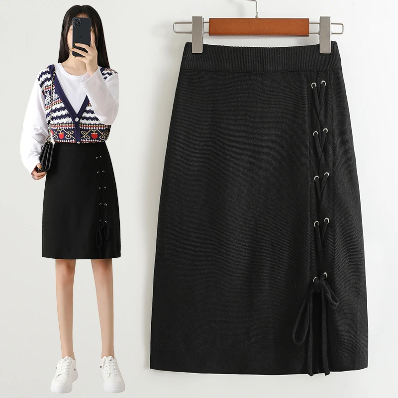 

Женская трикотажная юбка средней длины, черная элегантная юбка с завышенной талией в Корейском стиле, одежда в стиле Харадзюку, весна-осень-зима 2022