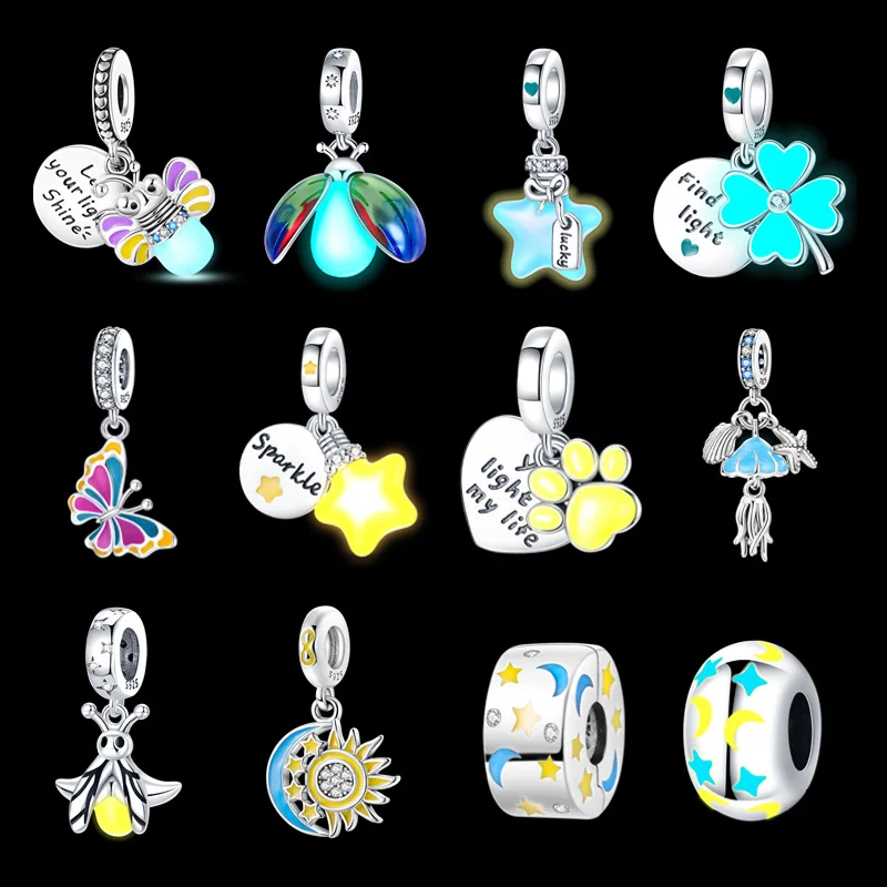 

925 Sterling Silver Glow In The Dark Firefly Dangle Charms Fit Original Pandora Brand Bracelet and Necklace Jewelry Making Gift