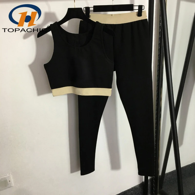 

8.30 High Quality Black Yoga Tracksuit Crop Tank Top + Elastic Waist Leggings Set Women