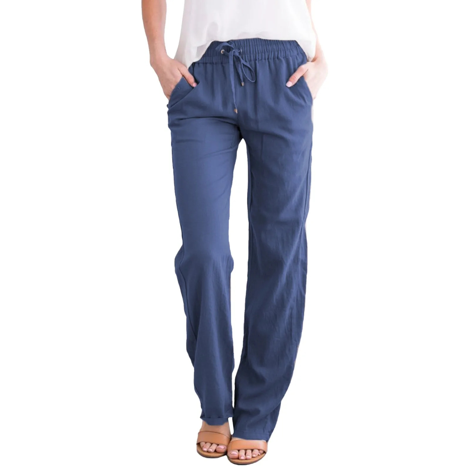 

Cotton Linen Loose Drawstring Women's Pants Drawstring Loose Wide-Leg Pants Solid Long Trousers Female Stretch Straight Pants